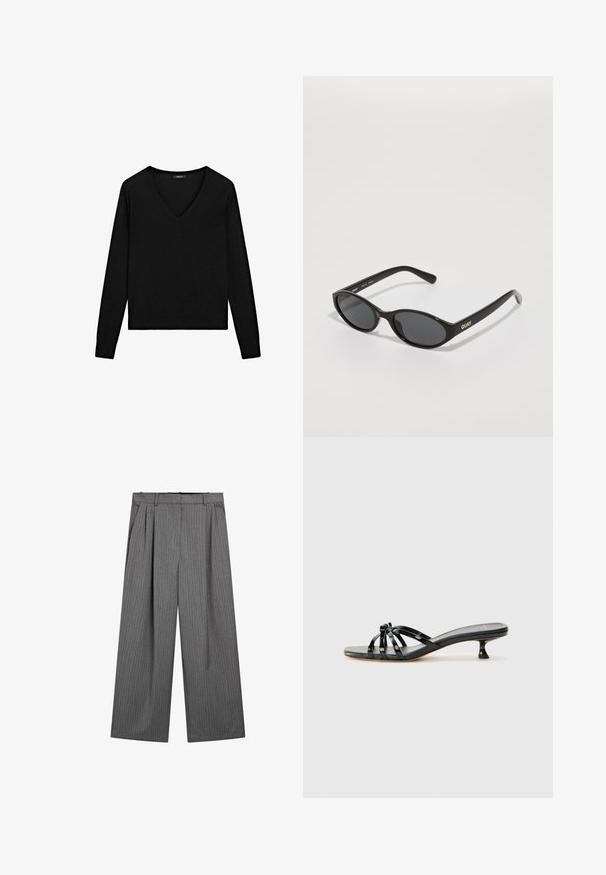 Black long-sleeve sweater with a V-neckline. Made of soft material, featuring a fitted cut and ribbed edges. Simple design, no patterns.; Gray wide-leg trousers with vertical pinstripes, pleated front, and a waistband designed for comfort. Smooth fabric and tailored cut.; Black patent leather slide sandals with multiple strap design, low kitten heel, and a smooth, flat sole. Features a knotted accent at the center.; Black sunglasses with rounded lenses, glossy plastic frame, and "QUAY" logo in gold on the side. Features dark tinted lenses.; Black leather hobo bag with a curved silhouette, a single shoulder strap, and a zippered top opening. Smooth texture with minimal hardware accents.
