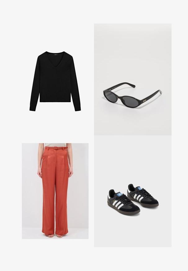 Zwarte sweater met lange mouwen en een V-hals. Gemaakt van zacht materiaal, met een slimfit snit en ribgebreide randen. Eenvoudig ontwerp, geen patronen.; Brede broekspijpen in roest-oranje stof met een gladde textuur, voorzien van een aansluitende tailleband en een bijpassende riem met metalen accenten.; Zwarte sneakers met een bovenwerk van suède en synthetisch materiaal, voorzien van drie witte strepen, een gestructureerde rubberen zool en een blauw logo-label op de tong.; Zwarte zonnebril met ronde lenzen, glanzend plastic frame en het "QUAY"-logo in goud aan de zijkant. Beschikt over donkergetinte lenzen.; Zwarte schoudertas met een gebogen ontwerp, gevoerde stof, verstelbare schouderriem en subtiel logo. Heeft een ritscompartiment en getextureerde accenten.