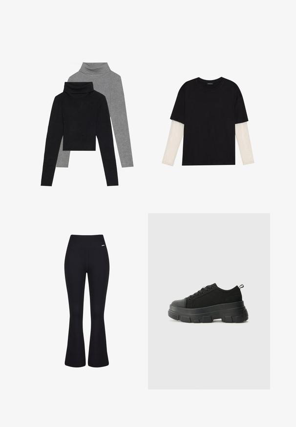 Twee coltruien: één zwart en één grijs, beide met een ribbelstructuur en lange mouwen, met een cropped ontwerp en omgeslagen kraag.; Zwarte T-shirt van katoen, met korte mouwen over een witte lange mouw laag met een subtiel textuurpatroon. Ronde hals ontwerp.; Zwarte geribbelde flare pants met een hoge tailleband. Glad oppervlak en een getailleerde silhouet die naar de knieën toeloopt voordat ze uitlopen.; Zwarte sneakers met een stevige rubberen zool, textiel bovenwerk, ronde neus en vetersluiting. Beschikt over versterkte oogjes en een trekstrip aan de achterkant.