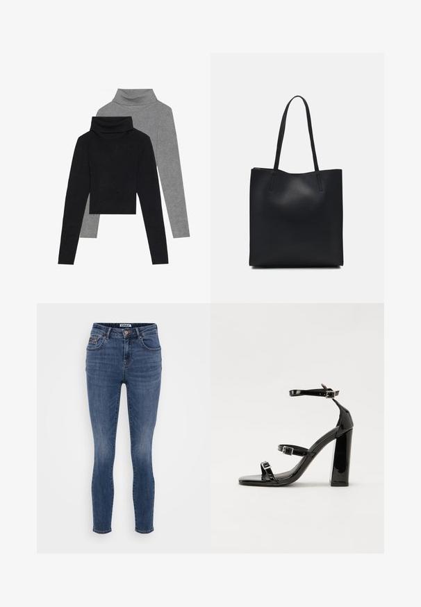 Dva dukserica s visokim ovratnikom: jedna crna, druga siva, obje s reljefnom teksturom i dugim rukavima, s krojem koji seže do struka i presavijenim ovratnikom.; Tamnoslijeđe uske traperice s glatkom teksturom, pet džepova i detaljem od bakra na struku.; Crne lakirane sandale na visoku petu s dva remena s kopčama, kvadratnim vrhom i masivnom blok petom, s glatkom, sjajnom teksturom.; Crna kožna torba za nošenje s glatkom teksturom, pravokutnim oblikom i dvije duge ručke. Nema vidljivih metalnih dijelova ili ukrasa.