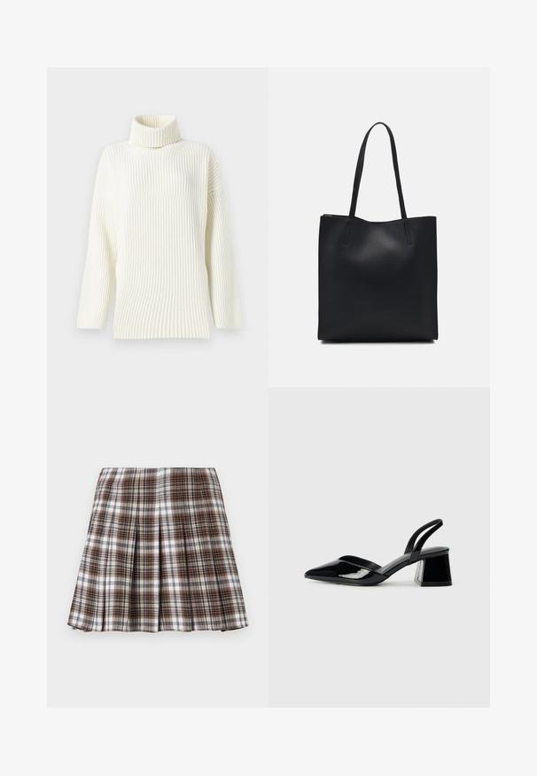 Kremfarget ribbet genser med høy hals, lange ermer og avslappet passform. Den myke teksturen og sømløse designet øker komforten.; Brun og hvit rutete plisserte skjørt med en strukturert design og frisk tekstur, som har høy midje og flere vertikale folder.; Svarte patentlær slingback hæler med spiss tå og geometrisk blokk hæl. Har et stilrent, minimalistisk design og jevn tekstur.; Svart lær tote bag med glatt tekstur, rektangulær form og to lange håndtak. Ingen synlige deler eller dekorasjoner.