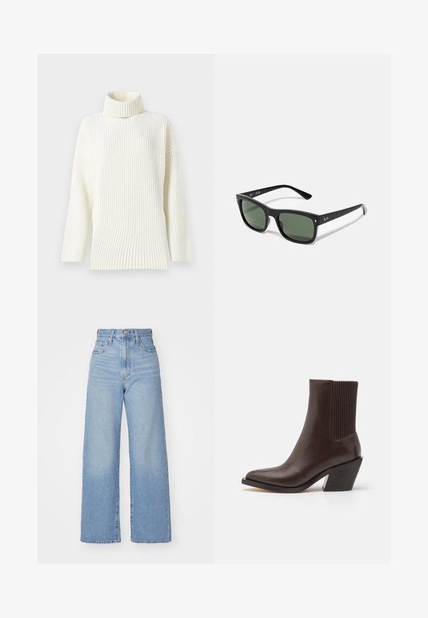 Cream-colored ribbed turtleneck sweater with long sleeves and a relaxed fit. Soft texture and seamless design enhance its comfort.; Light blue high-waist wide-leg jeans with front button and zip closure, front and back pockets, on a white background.; COACH PRESTYN BOOTIE - Cowboy/biker ankle boot - maple; Black rectangular sunglasses with dark green lenses, made of plastic, featuring metal detailing near the lenses and brand logo on the temple.; Brown suede shoulder bag with a soft texture, curved shape, and two handles. Features a minimal design with no visible hardware or accents.