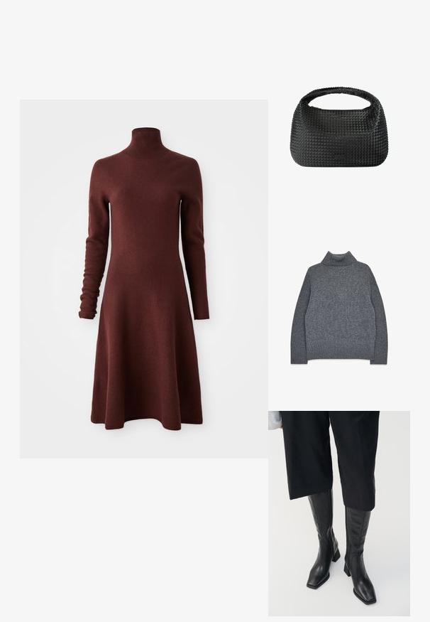 Maglione grigio a collo alto in un morbido filato testurizzato. Presenta polsini e orlo a coste, con una vestibilità rilassata e squadrata per garantire comfort e calore.; Abito a maniche lunghe, collo alto, in maglia borgogna con gonna a campana, presentato su uno sfondo bianco.; Stivali neri in pelle fino al ginocchio con punta quadrata e tacco a blocco. Caratterizzati da una chiusura laterale con zip e una texture liscia.; Borsa a mano nera intrecciata con forma arrotondata, superficie testurizzata e un solo manico superiore. Presenta un design elegante e minimalista senza hardware visibile.