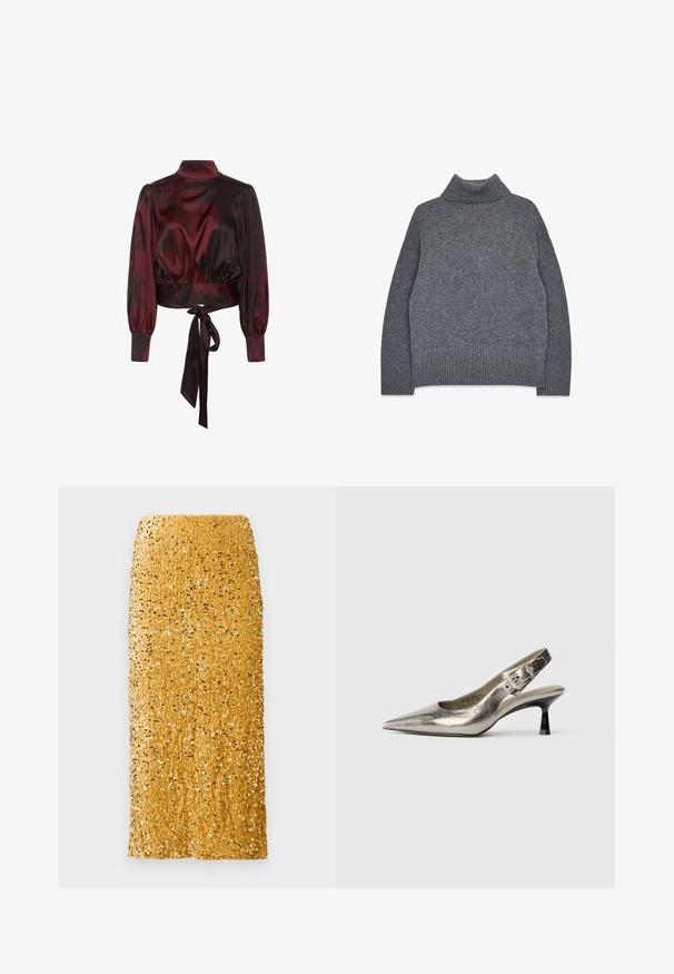 Sivý rolák z jemného, štruktúrovaného úpletu. Vlastnosti: rebrované manžety a dolný lem, s uvoľneným, hranatým strihom pre pohodlie a teplo.; Bordový saténový skrátený top s dlhými rukávmi, vysokým golierom, nadýchanými rukávmi, elastickým pásom a viazaním na páse.; Zlatá midi sukňa pokrytá lesklými flitrami s rovnými strihom a vysokým pásom na bielom pozadí.; Metalická strieborná slingback obuv s špicatou špičkou, malým čiernym podpätkom a detailom pracky na remienku. Hladká kožená textúra.
