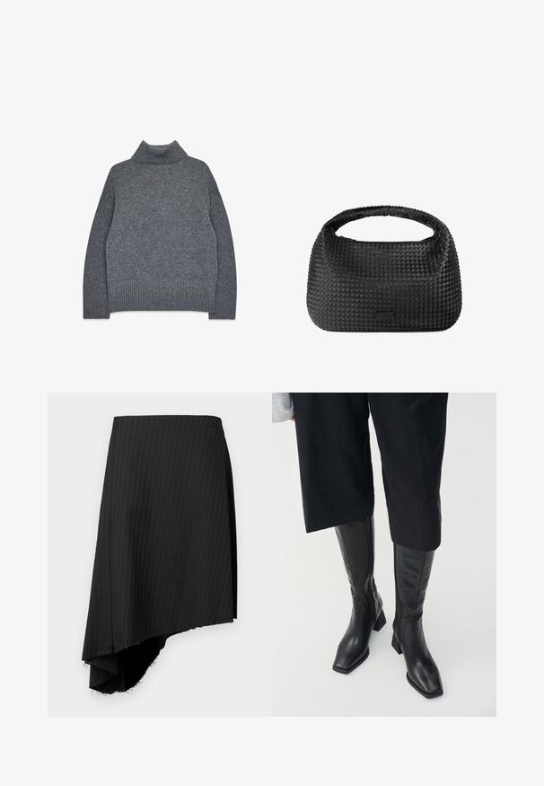 Siv turtleneck pulover iz mehkega, teksturiranega pletenja. Ima rebraste manšete in rob, ter sproščen, kvadraten kroj za udobje in toploto.; Črna krilna krila s črto in asimetričnim robom, z nepravilno obdelanimi robovi. Narejena iz lahkega materiala s gladko teksturo.; Črne usnjene škornje do kolen s kvadratnim nosom in blok peto. Imajo stranski zadrgo in gladko teksturo.; Črna pletena torbica za roke okrogle oblike, z teksturirano površino in enim zgornjim ročajem. Ima eleganten, minimalističen dizajn brez vidnih elementov.