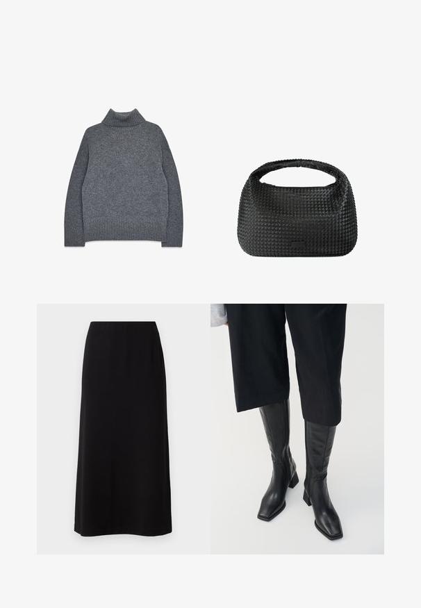 Suéter de cuello alto gris en un suave tejido texturizado. Presenta puños y dobladillo acanalados, con un ajuste holgado y cómodo para brindar calidez.; Falda maxi negra con una textura suave y lisa y una cinturilla elástica. Corte simple y recto sin patrones o embellecimientos visibles.; Botas de cuero negro hasta la rodilla con punta cuadrada y tacón bloque. Cuentan con un cierre de cremallera lateral y una textura suave.; Bolso de mano tejido negro con forma redondeada, superficie texturizada y un único asa superior. Presenta un diseño elegante y minimalista sin hardware visible.