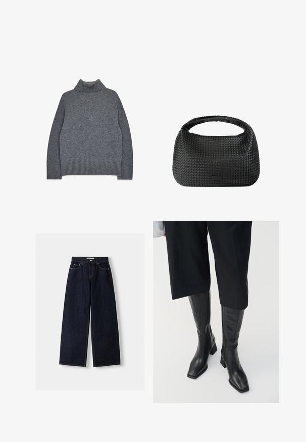 Sivý rolák z jemného, štruktúrovaného úpletu. Vlastnosti: rebrované manžety a dolný lem, s uvoľneným, hranatým strihom pre pohodlie a teplo.; Tmavomodré denimové nohavice s širokými nohavicami a vysokým pásom, s piatimi vreckami, kontrastným prešívaním a striebornými kovovými doplnkami. Hladká textúra a čisté prevedenie.; Čierne kožené čižmy po kolená so štvorcovou špičkou a blokovým podpätkom. Obsahujú bočný zips a hladký povrch.; Čierna tkaná kabelka s zaobleným tvarom, textúrovaným povrchom a jedným horným uchom. Vyznačuje sa štýlovým, minimalistickým dizajnom bez viditeľných kovových prvkov.