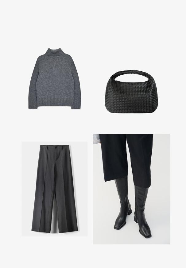 Harmaa poolpaita pehmeas textuurissa neulostyylissä. Varustettu ribbatut hihansuut ja helma, rento ja laatikkomainen istuvuus mukavuutta ja lämpöä varten.; Housut, joissa on leveät lahkeet tummanharmaasta kankaasta. Varustettu napin sulkemisella, etupleiteillä ja vyölenkeillä. Sujuva rakenne ja räätälöity muotoilu.; Musta nahka polvipituiset saappaat, joissa on neliön muotoinen kärki ja korkea paksu kanta. Sisältää sivuvetoketjun ja sileän pinnan.; Mustan kudotun käsilaukun pyöreä muoto, texturoitu pinta ja yksittäinen yläkahva. Sen muotoilu on tyylikäs ja minimalistinen, ilman näkyvää tarvikkeita.