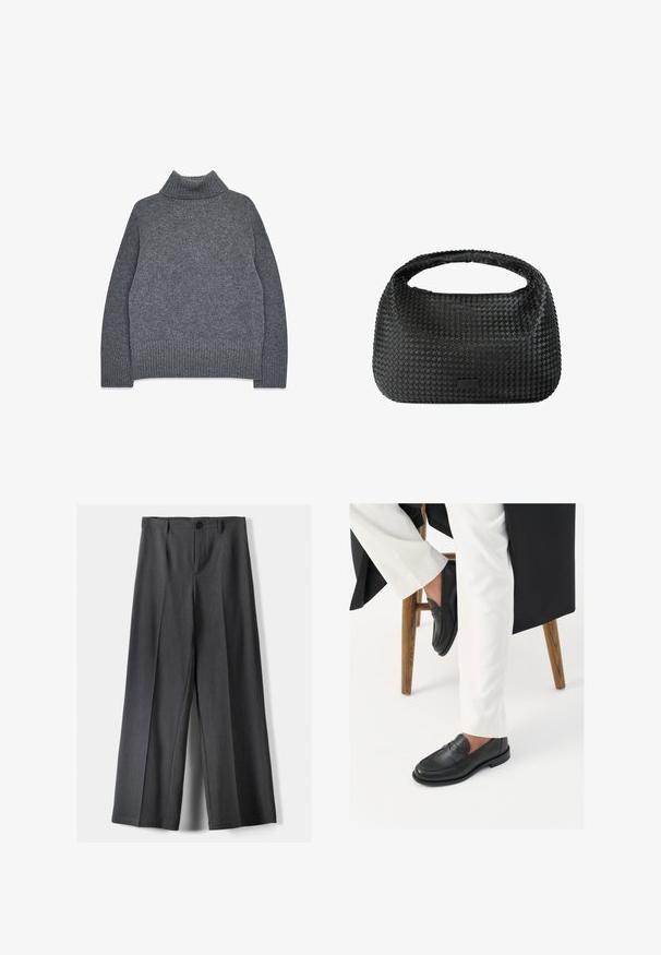Maglione grigio a collo alto in un morbido filato testurizzato. Presenta polsini e orlo a coste, con una vestibilità rilassata e squadrata per garantire comfort e calore.; Pantaloni a gamba larga in tessuto grigio scuro, dotati di chiusura con bottone, pieghe frontali e passanti per cintura. Texture liscia con un design su misura.; Mocassini in pelle nera con una texture liscia e un dettaglio con una fascia larga, indossati con pantaloni bianchi su misura. Il tacco presenta un design piatto.; Borsa a mano nera intrecciata con forma arrotondata, superficie testurizzata e un solo manico superiore. Presenta un design elegante e minimalista senza hardware visibile.