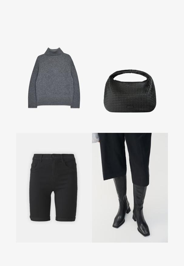 Siv turtleneck pulover iz mehkega, teksturiranega pletenja. Ima rebraste manšete in rob, ter sproščen, kvadraten kroj za udobje in toploto.; Črne denim kratke hlače s ravnim krojem, z zavihkom na robovih, sprednjimi žepi in gumbom za zapiranje. Gladka tekstura in minimalističen dizajn.; Črne usnjene škornje do kolen s kvadratnim nosom in blok peto. Imajo stranski zadrgo in gladko teksturo.; Črna pletena torbica za roke okrogle oblike, z teksturirano površino in enim zgornjim ročajem. Ima eleganten, minimalističen dizajn brez vidnih elementov.