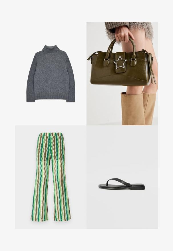 Gray turtleneck sweater in a soft, textured knit. Features ribbed cuffs and hem, with a relaxed, boxy fit for comfort and warmth.; Knit flared pants featuring a zigzag pattern in shades of green, brown, and cream; stretchy waistband; textured surface.; Black flip-flop made of smooth leather, featuring a thin strap design and a flat sole with a minimal profile. No notable patterns or accents.; Olive green faux leather handbag with silver star accent, dual handles, and a zip closure. Textured surface and structured shape.