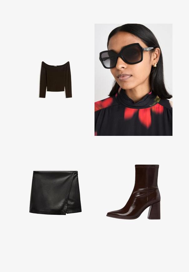 Top tamnog smeđeg tonusa sa spuštenim ramena, izrađen od prilagodljivog pletiva. Ima duge rukave i skraćen dizajn s glatkom teksturom.; Crna kožna mini suknja s wrap dizajnom, koja se odlikuje glatkom teksturom i minimalističkim stilom. Bez vidljivih metalnih dijelova ili uzoraka.; Smeđe lakirane čizme do gležnja s izduženim vrhom, elastičnim gležnjem i debelim blok-petama. Elegantni dizajn s glatkom teksturom.; Crne oversized sunčane naočale s geometrijskim okvirom, tamno zatamnjenim staklima i zlatnim akcentima, uparene s bluzom s cvjetnim uzorkom i visokim ovratnikom.