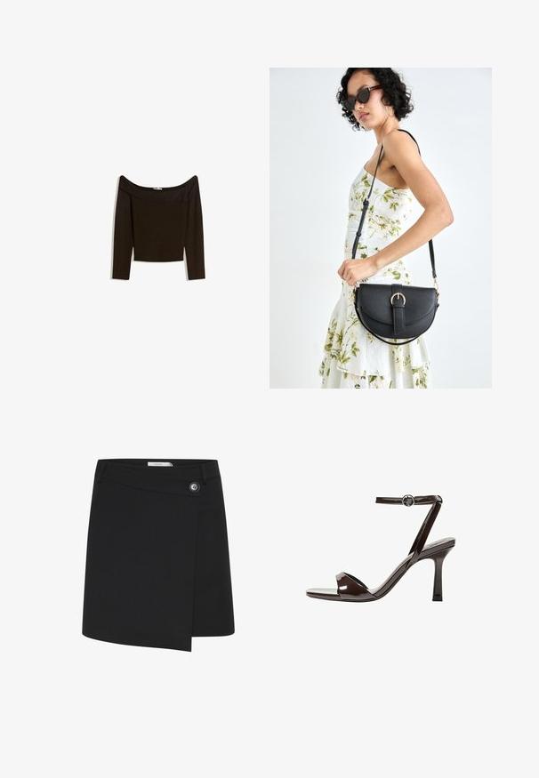 Top tamnog smeđeg tonusa sa spuštenim ramena, izrađen od prilagodljivog pletiva. Ima duge rukave i skraćen dizajn s glatkom teksturom.; Crna suknja omota izrađena od glatkog materijala, s bočnim detaljem dugmadi i asimetričnim rubom za strukturirani izgled.; Smeđi lakirani kožni sandali s visokim potpeticama, remenom oko članka, otvorenim prstima i elegantnim, minimalističkim dizajnom. Imaju kvadratnu potpeticu.; Crna kožna torba s lukovitim oblikom, odvojivim remenom i zlatnim detaljima. Torba ima preklop s kopčom.