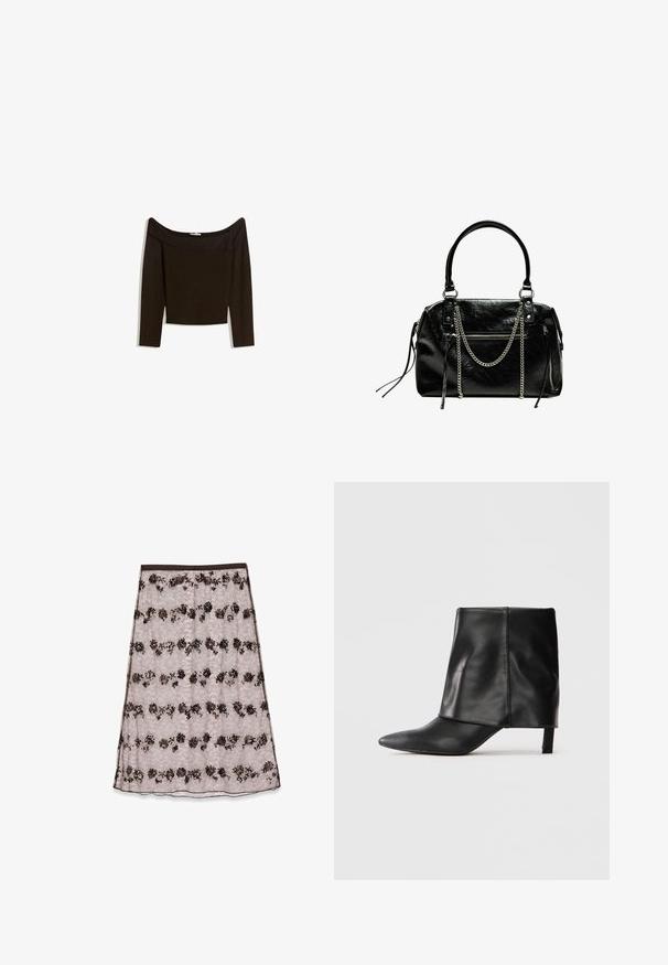 Haut marron foncé, décolleté asymétrique, en matière tricotée ajustée. Il possède des manches longues et un design court avec une texture lisse.; Jupe midi en dentelle rose clair avec des motifs floraux brun foncé et bronze, ornée de sequins et dotée d'une taille lisse.; Botte noire en cuir mi-mollet avec bout pointu, tige supérieure repliée et petit talon élancé, se tenant sur fond blanc.; Bershka WITH CHAIN - Sac à main - black