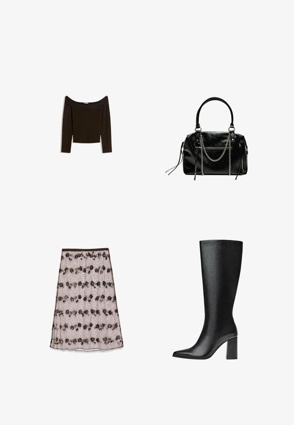Haut marron foncé, décolleté asymétrique, en matière tricotée ajustée. Il possède des manches longues et un design court avec une texture lisse.; Jupe midi en dentelle rose clair avec des motifs floraux brun foncé et bronze, ornée de sequins et dotée d'une taille lisse.; Bottine noire montante en simili cuir avec un bout pointu, texture lisse et un talon large. Design minimaliste sans accents visibles.; Bershka WITH CHAIN - Sac à main - black