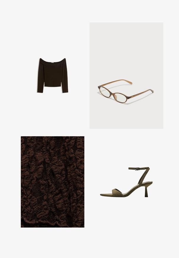 Off-shoulder, mørkebrun top i et tætsiddende strikmateriale. Har lange ærmer og et cropped design med en glat tekstur.; Struktureret brunt stof med et krøllet mønster, der har en blød, fnugget overflade og varierende dybde, velegnet til tøj eller hjemme tekstiler.; Bershka WITH ANKLE STRAP - Sandaler - mottled green; Brune skildpaddemønstrede briller med ovale linser, tynde arme og gennemsigtige accenter. Har et diskret logo på stangen. Slankt, let design.; Hvid skuldertaske med en tekstureret overflade, et centralt spænde og en buet form. Lynlåslukninger på begge sider.