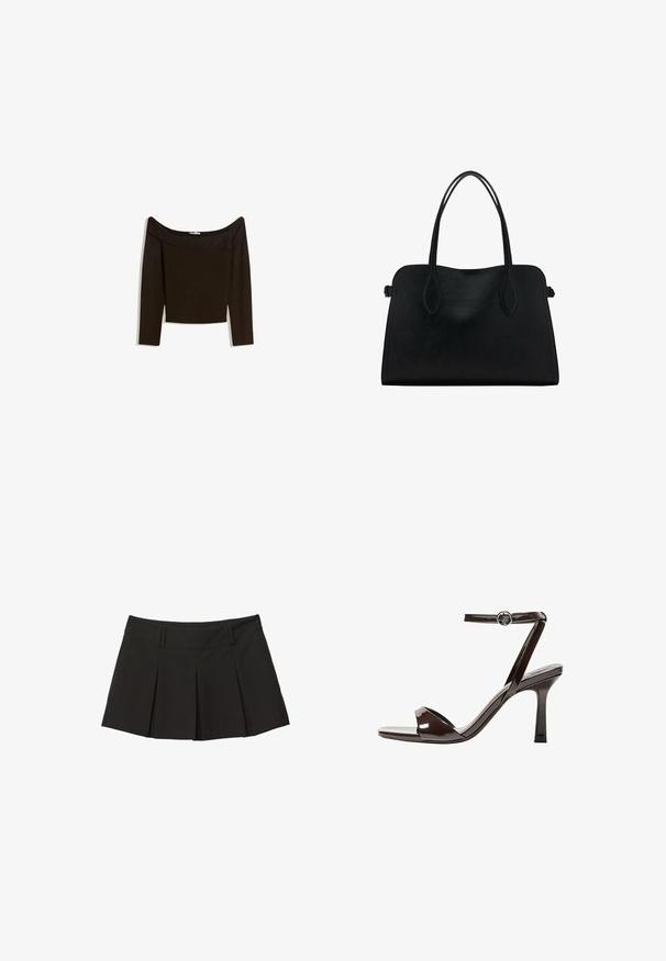 Haut marron foncé, décolleté asymétrique, en matière tricotée ajustée. Il possède des manches longues et un design court avec une texture lisse.; Jupe plissée noire avec une taille cintrée et une texture douce. Conçue avec des plis à l'avant pour plus de forme et de style.; Sandale à talon haut en cuir verni marron avec une bride de cheville, bout ouvert et un design épuré et minimaliste. Présente un talon carré.; Sac à main en cuir noir avec deux anses, de forme rectangulaire et au design minimaliste sur un fond blanc.