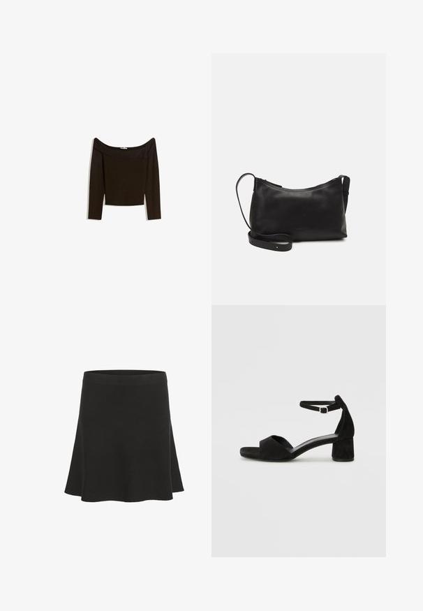 Haut marron foncé, décolleté asymétrique, en matière tricotée ajustée. Il possède des manches longues et un design court avec une texture lisse.; Jupe mini noire évasée en matériau doux avec une texture lisse et une large ceinture. Présente un design simple sans motifs ni accents.; Sandales à talons en daim noir avec une fine lanière à la cheville, design à bout ouvert et un talon carré modeste. Texture lisse et accents minimalistes.; Sac à épaule en cuir noir avec une texture lisse, une forme courbée, une bandoulière ajustable et une fermeture éclair. Design minimaliste sans embellissements.
