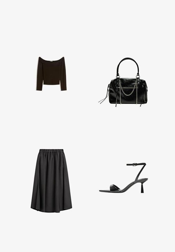 Schulterfreies, dunkelbraunes Oberteil aus einem enganliegenden Strickmaterial. Es hat lange Ärmel und ein kurzes Design mit einer glatten Textur.; Schwarze Midirock aus leichtem, fließendem Stoff mit elastischem Bund und leicht ausgestellter A-Linie. Keine sichtbaren Muster oder Akzente.; Bershka High Heel Sandalette - black; Bershka WITH CHAIN - Handtasche - black