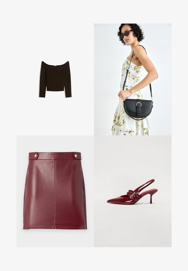 Schulterfreies, dunkelbraunes Oberteil aus einem enganliegenden Strickmaterial. Es hat lange Ärmel und ein kurzes Design mit einer glatten Textur.; Burgunderfarbene Leder-Minirock mit glatter Textur, in körpernaher Passform, seitlichen Einsätzen und zwei goldfarbenen Knöpfen am Bund.; Rote Lackleder Slingback-Absätze mit spitzem Zeh, zwei Schnallenriemen und einem schlanken, mittelhohen Stiletto-Absatz. Glatte Textur.; Schwarze Lederhandtasche mit geschwungener Form, abnehmbarem Tragegurt und goldenen Beschlägen. Die Tasche verfügt über einen Deckel mit einer Schnallen-Details.