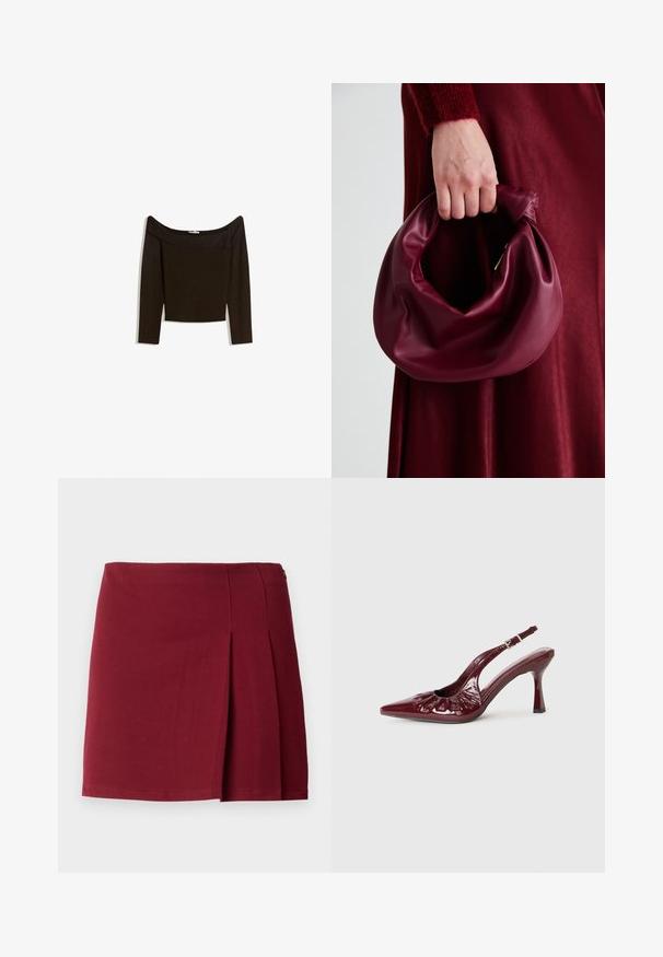 Top tamnog smeđeg tonusa sa spuštenim ramena, izrađen od prilagodljivog pletiva. Ima duge rukave i skraćen dizajn s glatkom teksturom.; Bordo plisirana mini suknja s glatkom teksturom, uskim strukom i bočnim zatvaračem. Jednostavan, minimalistički dizajn bez uzoraka.; Burgundske patent kožne sandale s remenčićem, s uskim vrhom i naboranim detaljima, koje imaju tanki potplat i podesivi remen za oko gležnja.; Bordo kožni ruksač s mekim, naboranim dizajnom i zaobljenim oblikom. Ručka je sigurno pričvršćena, pokazujući glatku teksturu.