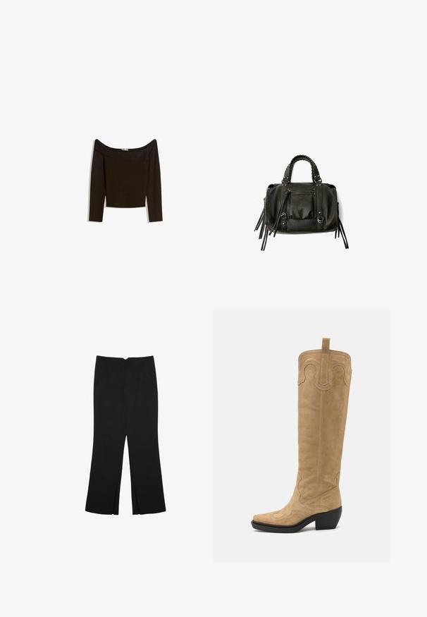 Top s odhalenými ramenami, tmavo hnedý, z priliehavého úpletu. Má dlhé rukávy a skrátený strih s hladkou textúrou.; Čierne nohavice so strihom rovného strihu, s prednými vreckami a bočnými rozparkami na leme. Vyrobené z mäkkej, hladkej tkaniny. Vhodné na rôzne príležitosti.; Kožené cowboy topánky siahajúce po kolená, hnedé semišové, s ozdobným prešívaním, špicatou špičkou a stredným blokovým podpätkom. Majú pútko na vrchu.; Čierna kožená kabelka s vrkočovými uchami, zipsovou kapsou a zavesenými strapcami. Textúrovaný povrch s kovovými cvokmi a akcentmi z kovu.
