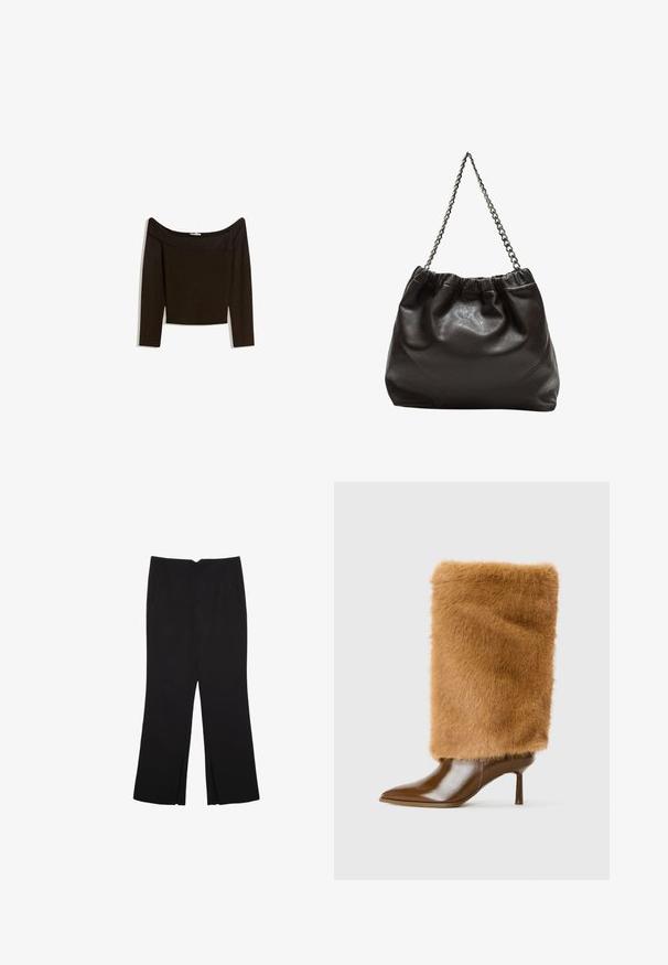 Off-shoulder, mörkbrun topp i ett åtsittande stickat material. Har långa ärmar och en kortad design med en mjuk textur.; Svarta byxor med rak passform, utrustade med framfickor och sidoklyvningar vid fållen. Tillverkade av mjukt, slätt tyg. Lämpliga för olika tillfällen.; Brun högklackad stövel med slät läder, spetsig tå och hög, mjuk pälsaxel som täcker vristen och nedre delen av vaden.; Brun läderväska med rynkad topp och kedjesnodd. Slät textur med en blankslipad yta och subtila sömdetaljer på sidorna.