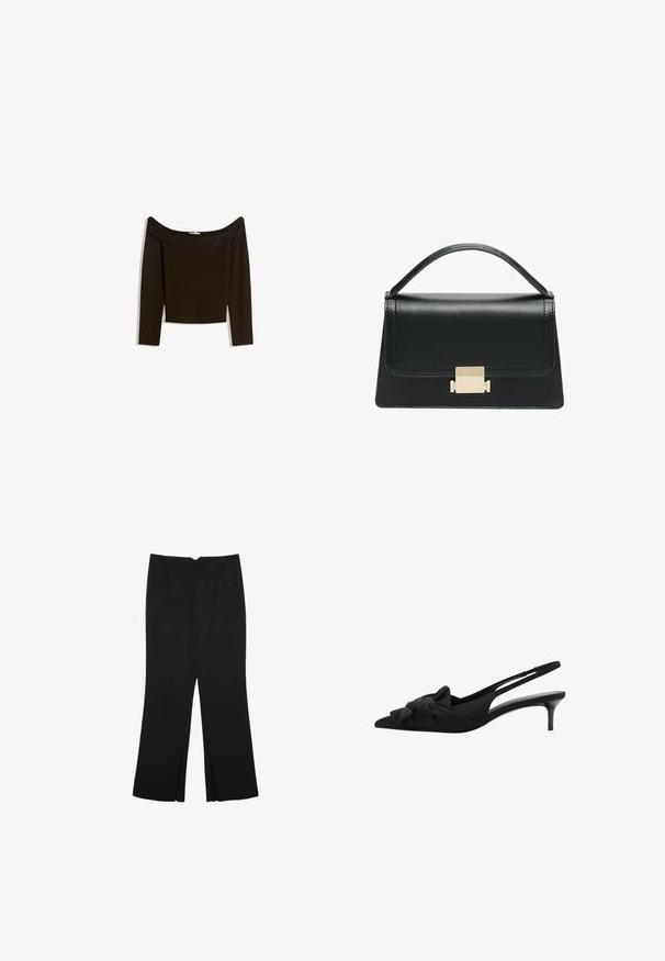 Paita tummanruskea, olkapäiltä avattu, istuva neulosmateriaali. Pitkät hihat ja lyhyt malli, jossa on sileä rakenne.; Mustat housut suoralinjaisella leikkauksella, joissa on etutaskut ja sivurei'ät helman alla. Valmistettu pehmeästä ja sileästä kankaasta. Sopii eri tilaisuuksiin.; Musta slingback-kengät, joissa on kärjellinen siluetti, nauhat yksityiskohtana vampissa, teksturoitu kangas ja hoikka 3-tuumainen kiiltävä korko.; Musta nahkakäsilaukku, jossa on jämäkkä muotoilu, yläkahva ja kultainen metallisolki edessä. Sujuva pinta, minimaalinen ompelu.