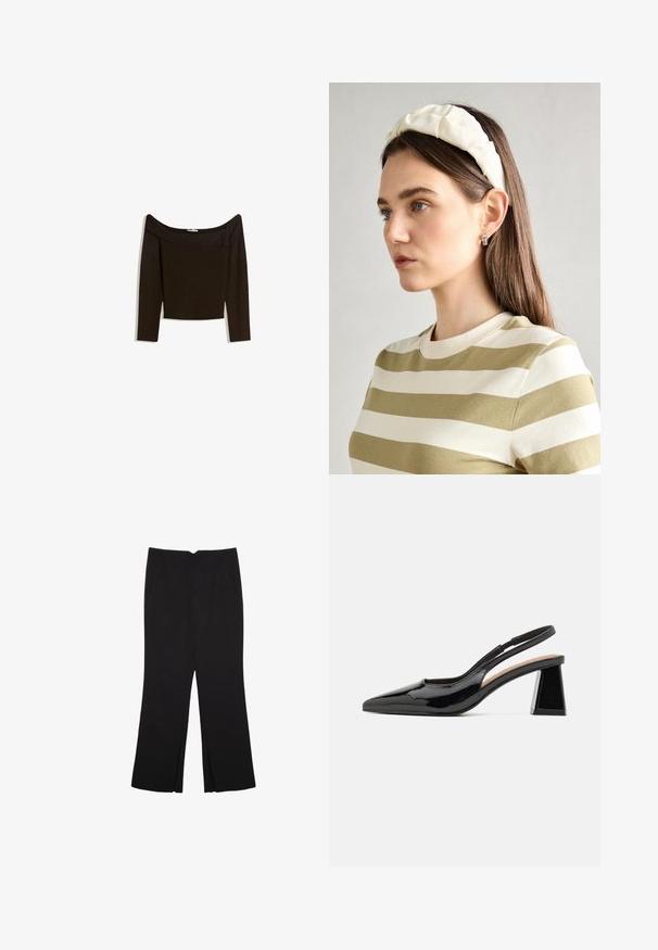 Top s odhalenými ramenami, tmavo hnedý, z priliehavého úpletu. Má dlhé rukávy a skrátený strih s hladkou textúrou.; Čierne nohavice so strihom rovného strihu, s prednými vreckami a bočnými rozparkami na leme. Vyrobené z mäkkej, hladkej tkaniny. Vhodné na rôzne príležitosti.; Čierne lakované lodičky so špicatou špičkou, ktoré sú vybavené jedinečným geometrickým blokovým podpätkom a hladkou textúrou. Nastaviteľný remienok na podporu.; Krémová čelenka s vypchatím a vzorom vrkoča, skombinovaná s béžovo-bielym pruhovaným tričkom s okrúhlym výstrihom. Nápadné doplnky z jemného šperku.