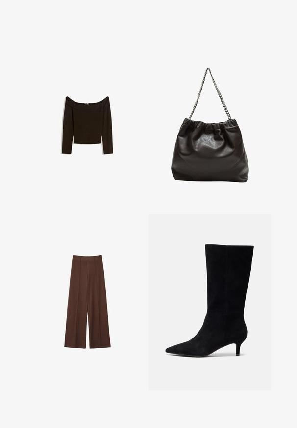 Top tamnog smeđeg tonusa sa spuštenim ramena, izrađen od prilagodljivog pletiva. Ima duge rukave i skraćen dizajn s glatkom teksturom.; Smeđe široke hlače izrađene od meke tkanine, s visokim strukom, vertikalnim šavovima i glatkom teksturom.; Crne nubuk čizme do članaka s šiljastim nosom, uskim potpeticama i glatkom teksturom, s prilagođenim siluetom i bez vidljivih metalnih dijelova.; Smeđa kožna torba s naboranim vrhom i lančićem za nošenje. Glatka tekstura s sjajnim završetkom i suptilnim šavnim detaljima sa strane.