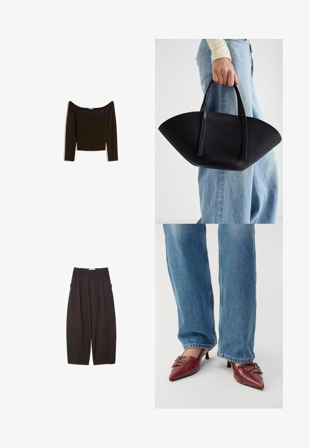Top bez ramínek v tmavě hnědé barvě vyrobený z přiléhavého úpletu. Má dlouhé rukávy a zkrácený střih s hladkou texturou.; Černé široké kalhoty vyrobené z hladkého materiálu, s vysokým pasem, předními sklady a bočními kapsami. Jednoduchý design bez ozdob.; Červené kožené boty s špičatou špičkou a malým podpatkem, s vodorovným šitím a dvěma stříbrnými přezkami, nošené s modrými džíny.; Černá kožená kabelka s jedinečným tvarováním ve tvaru vějíře, vybavená plochými uchy. Povrch má jemně zrnitou texturu a minimalistický design.