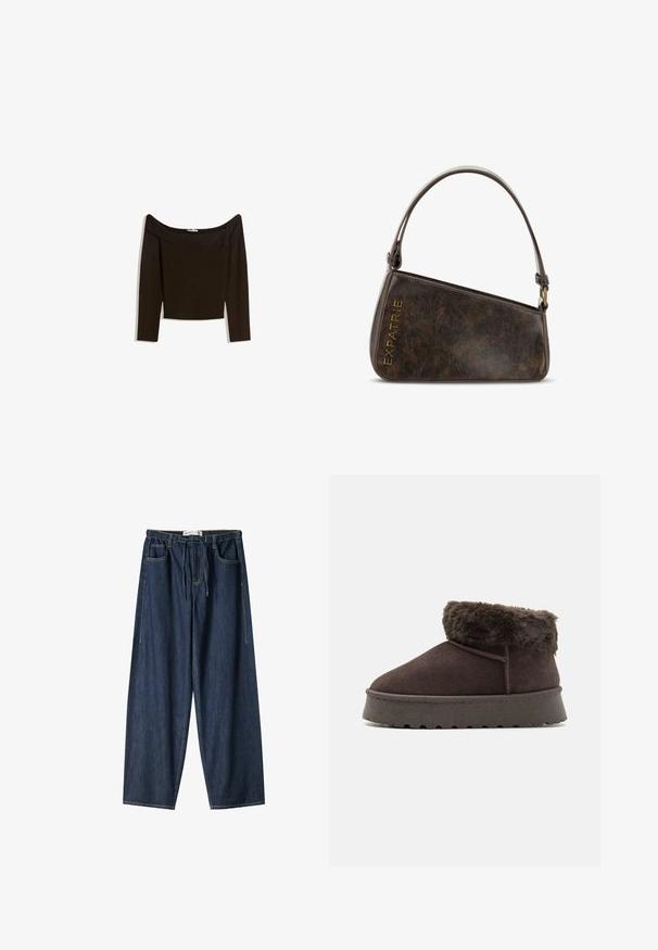 Top scollato, di colore marrone scuro, realizzato in un materiale a maglia aderente. Caratterizzato da maniche lunghe e un design corto con una texture liscia.; Pantaloni in jeans di denim blu scuro con un design a gamba larga. Presentano un'elasticità in vita, un cordoncino e tasche frontali. Tessuto liscio con cuciture visibili.; Stivale alla caviglia in suede marrone con colletto in pelliccia sintetica, punta rotonda e suola in gomma testurizzata. Presenta una semplice cucitura e un design a profilo basso.; Borsa a tracolla in ecopelle marrone con design angolare, dotata di una maniglia corta, hardware in bronzo e il testo impresso "EXPATRIE" in oro.