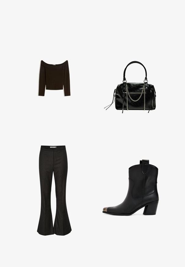 Bluzka typu off-the-shoulder w ciemno-brązowym kolorze, wykonana z dopasowanego dzianiny. Posiada długie rękawy oraz skrócony krój o gładkiej fakturze.; Czarne spodnie w kant z białymi pionowymi paskami, o gładkiej fakturze i dopasowanej talii, zaprojektowane na skrojoną sylwetkę.; Czarne skórzane botki za kostkę z okrągłym noskiem, wyposażone w metalową osłonę na czubku, ukośną cholewkę i słupkowy obcas. Gładka tekstura i minimalistyczny design.; Bershka - Torebka