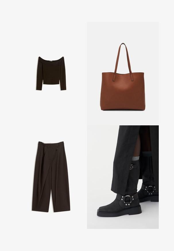 Top bez ramínek v tmavě hnědé barvě vyrobený z přiléhavého úpletu. Má dlouhé rukávy a zkrácený střih s hladkou texturou.; Tmavě hnědé široké kalhoty s vysokým pasem, vybavené jedním tlačítkem na zapínání a plisovaným předním dílem. Vyrobené z lehkého materiálu.; Černé kotníkové boty vyrobené z kůže s matným povrchem, čtveratou špičkou a dekorativními sponami. Podešev je robustní a texturovaná.; Hnědá kožená taška přes rameno s hladkou texturou, otevřeným designem a dvěma ramenními popruhy. Obsahuje minimální švy a žádné viditelné kovové prvky.