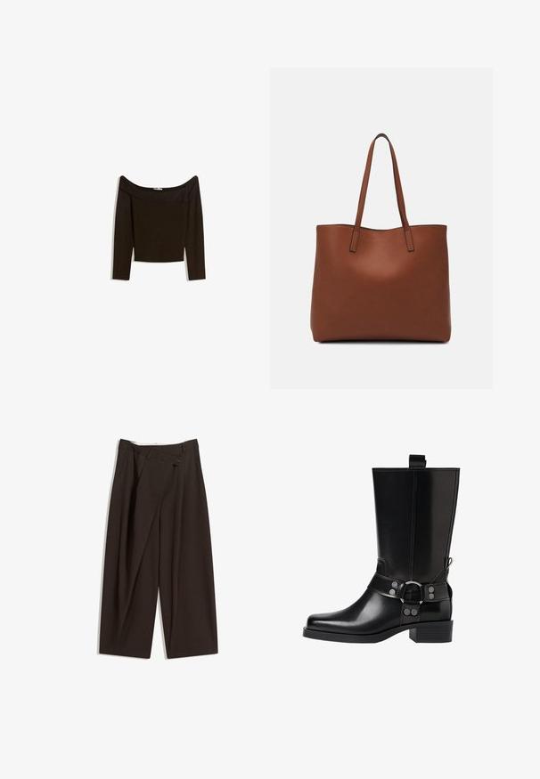 Off-shoulder, mörkbrun topp i ett åtsittande stickat material. Har långa ärmar och en kortad design med en mjuk textur.; Mörkbruna vida byxor med hög midja, med en enkel knappstängning och plisserad front. Tillverkade av lätt tyg.; Svart läderknähöga stövlar med spetsig tå, silverfärgade spännen och klumpig klack. Har en dragflik för enkel påtagning.; Brun läder tote-väska med en slät textur, öppen toppdesign och två axelremmar. Har minimal söm och ingen synlig metalldetalj.