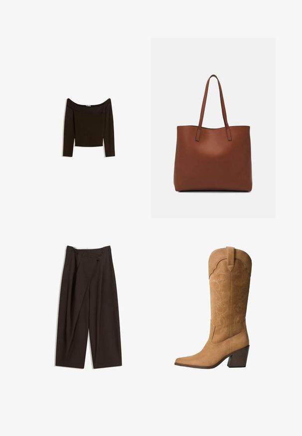 Top bez ramínek v tmavě hnědé barvě vyrobený z přiléhavého úpletu. Má dlouhé rukávy a zkrácený střih s hladkou texturou.; Tmavě hnědé široké kalhoty s vysokým pasem, vybavené jedním tlačítkem na zapínání a plisovaným předním dílem. Vyrobené z lehkého materiálu.; Béžové semišové kovbojské boty s špičatou špičkou, západním šitím, středně vysokým svrškem a dřevěným blokovým podpatkem.; Hnědá kožená taška přes rameno s hladkou texturou, otevřeným designem a dvěma ramenními popruhy. Obsahuje minimální švy a žádné viditelné kovové prvky.