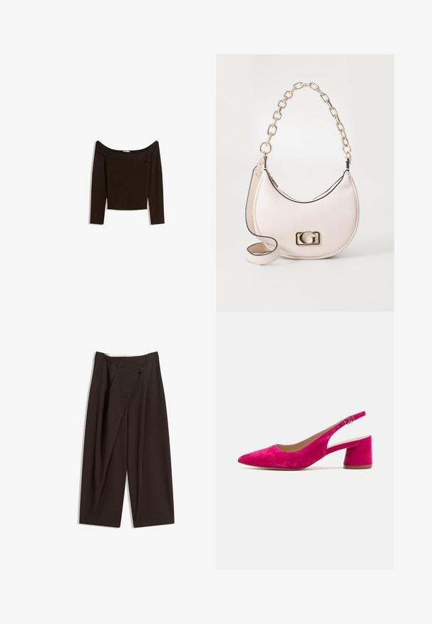 Váll nélküli, sötétbarna felső, mely testhez simuló kötött anyagból készült. Hosszú ujjú és croptop dizájnnal rendelkezik, sima textúrájú.; Sötétbarna, bő szárú nadrág magas derékkal, egyetlen gombos záródással és redős elülső résszel. Könnyű anyagból készült.; Félcipő élénk magenta velúrból, hegyes orral, széles blokk sarkal, állítható pánttal és csattal, sima felülettel és zárt hátrésszel.; Rózsaszín, textúrált bőr kézitáska arany lánc pánttal, kerek formájú, az elején arany logó kiegészítővel. További vállpánttal rendelkezik.