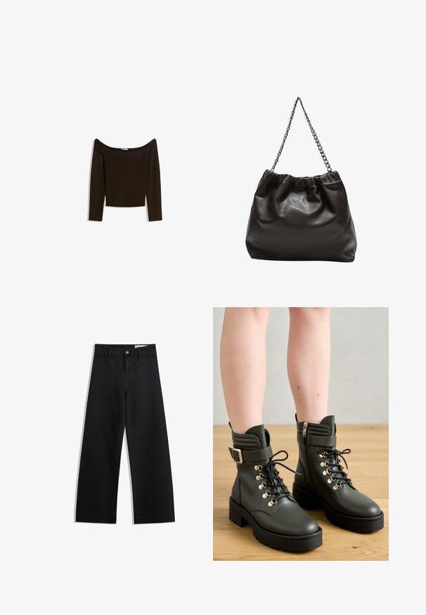 Paita tummanruskea, olkapäiltä avattu, istuva neulosmateriaali. Pitkät hihat ja lyhyt malli, jossa on sileä rakenne.; Mustat leveät farkut korkealla vyötäröllä, joissa on etu- ja takataskut, ommellut saumat ja nappisuljenta. Silkinoinen rakenne.; Tummanvihreät nilkkasaappaat, jotka on valmistettu sileästä nahasta. Niissä on nauhat, kultaiset niitit ja sivuvetoketju, sekä paksu musta uritettu pohja.; Ruskea nahkainen laukku, jossa on kerätty yläosa ja ketjuhihna. Tasainen pinta, jossa kiiltävä viimeistely ja hienovaraiset sauman yksityiskohdat sivuilla.