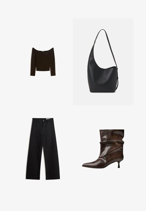 Váll nélküli, sötétbarna felső, mely testhez simuló kötött anyagból készült. Hosszú ujjú és croptop dizájnnal rendelkezik, sima textúrájú.; Fekete, bő szabású farmernadrág magas derékkal, elülső és hátsó zsebekkel, varrott felületekkel és gombos záródással. Sima textúra.; Sötétbarna, középig érő bőrcipő hegyes orral, laza szárú és vékony, alacsony, kiscica sarokkal.; Fekete bőr hobo táska sima textúrával, ívelt formával és egyetlen állítható pánttal; széles nyílás található a tetején.