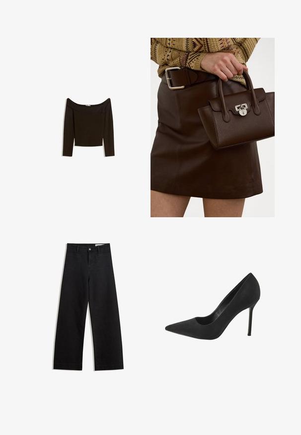 Off-the-shoulder, donkerbruin top van een aangesloten breiwerk. Heeft lange mouwen en een cropped ontwerp met een gladde textuur.; Zwarte denim broek met wijde pijpen en een hoge taille, voorzien van voor- en achterzakken, gestikte naden en een knoopsluiting. Gladde textuur.; Zwarte suède hoge hakken met een spitse neus en uitsnijdingen aan de zijkant; voorzien van een slanke stilettohak en een gladde binnenvoering.; Een bruine leren handtas met een gestructureerde afwerking en zilverkleurige hardware, vastgehouden met een hand naast een bruine leren rok en een gebreid patroontrui.