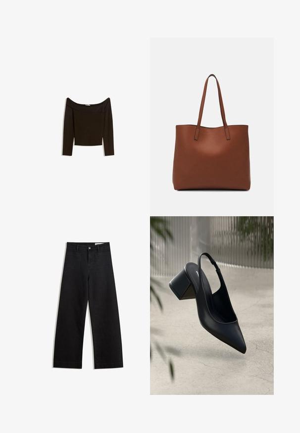 Off-the-shoulder, dark brown top in a fitted knit material. Features long sleeves and a cropped design with a smooth texture.; Black wide-leg denim pants with a high waist, featuring front and back pockets, stitched seams, and a button closure. Smooth texture.; Black leather slingback heel with a pointed toe and a block heel. Smooth texture, minimal design, and adjustable ankle strap.; Brown leather tote bag with a smooth texture, open top design, and two shoulder straps. Features minimal stitching and no visible hardware.