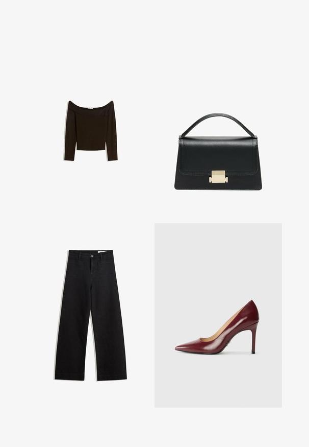 Off-shoulder, mørkebrun top i et tætsiddende strikmateriale. Har lange ærmer og et cropped design med en glat tekstur.; Sorte wide-leg denim bukser med høj talje, der har front- og baglommer, syede sømme og en knaplukning. Glat tekstur.; Mørkerød læder højhælet pumpe med spids tå og en slank stilettohæl på en hvid baggrund.; Sort læderhandtaske med et struktureret design, topbærerhåndtag og en detalje i guldfarvet metalklap på fronten. Glat tekstur, minimal syning.