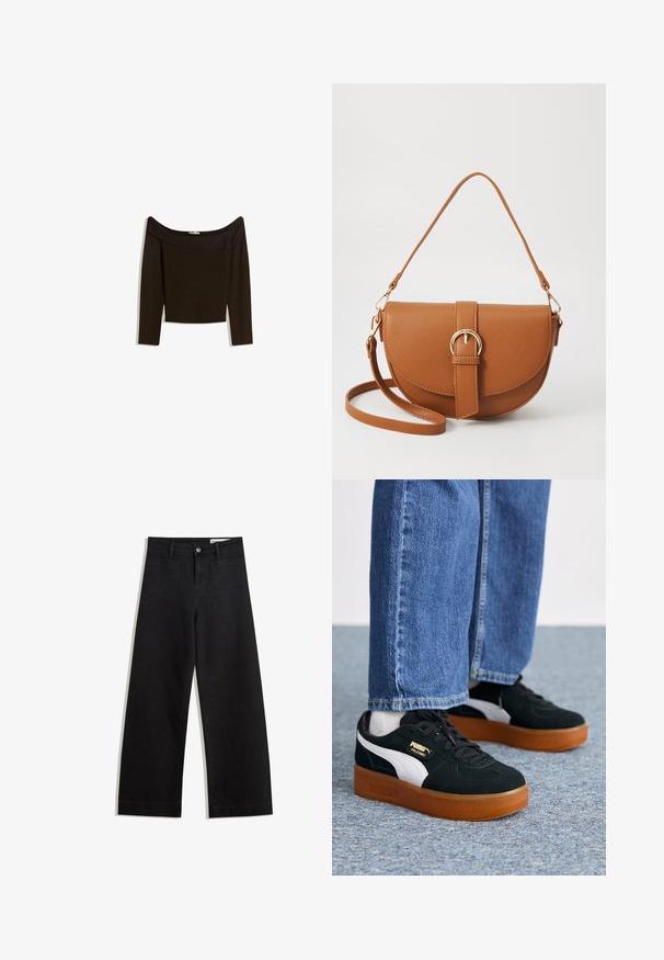 Off-the-shoulder, dark brown top in a fitted knit material. Features long sleeves and a cropped design with a smooth texture.; Black wide-leg denim pants with a high waist, featuring front and back pockets, stitched seams, and a button closure. Smooth texture.; Black and white sneakers with a suede texture and gum rubber sole. Features gold branding on the side and round laces, worn with blue denim.; Brown leather crossbody bag with a curved shape, gold hardware, and a buckle accent. Features a detachable shoulder strap.