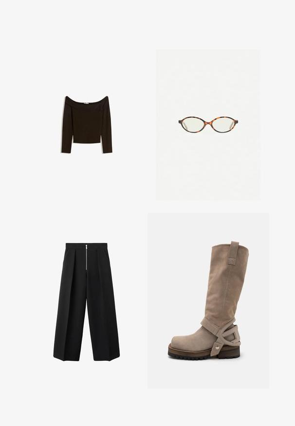 Top tamnog smeđeg tonusa sa spuštenim ramena, izrađen od prilagodljivog pletiva. Ima duge rukave i skraćen dizajn s glatkom teksturom.; Crne široke hlače s prednjim nabranjima i vidljivim srebrnim zatvaračem na struku, ravnog prednjeg dijela i bočnim džepovima.; Diesel D-TEXAN 2IN1 CH - Kaubojske/motorističke čizme - beige; Naočale u boji kornjače s ovalnim staklima i elegantnim, glatkim završetkom. Imaju tanke strane s suptilnom krivuljom na sljepoočnicama. Prozirna stakla.