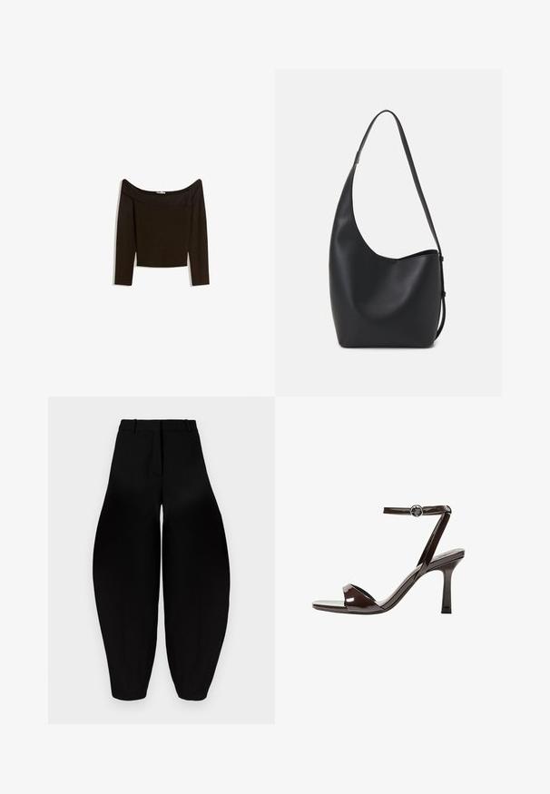 Váll nélküli, sötétbarna felső, mely testhez simuló kötött anyagból készült. Hosszú ujjú és croptop dizájnnal rendelkezik, sima textúrájú.; Fekete, bő szárú nadrág magas derékkal, pliszírozott elülső résszel és szűkített bokával. Simább anyagból készült, matt felülettel.; Barna lakkbőr magassarkú szandál, bokaheggyel, nyitott orral és letisztult, minimalista dizájnnal. Négyzet alakú sarokkal rendelkezik.; Fekete bőr hobo táska sima textúrával, ívelt formával és egyetlen állítható pánttal; széles nyílás található a tetején.