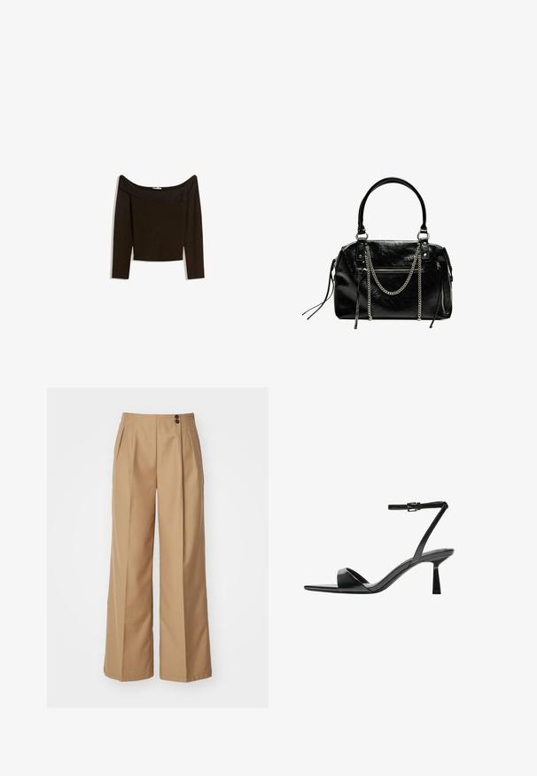 Váll nélküli, sötétbarna felső, mely testhez simuló kötött anyagból készült. Hosszú ujjú és croptop dizájnnal rendelkezik, sima textúrájú.; Széles lábú nadrág bézs anyagból, két elülső pliszével, magas derékkal és két barna gombbal a derékrészen. Sima textúra.; Bershka Magas sarkú szandálok - black; Bershka WITH CHAIN - Kézitáska - black