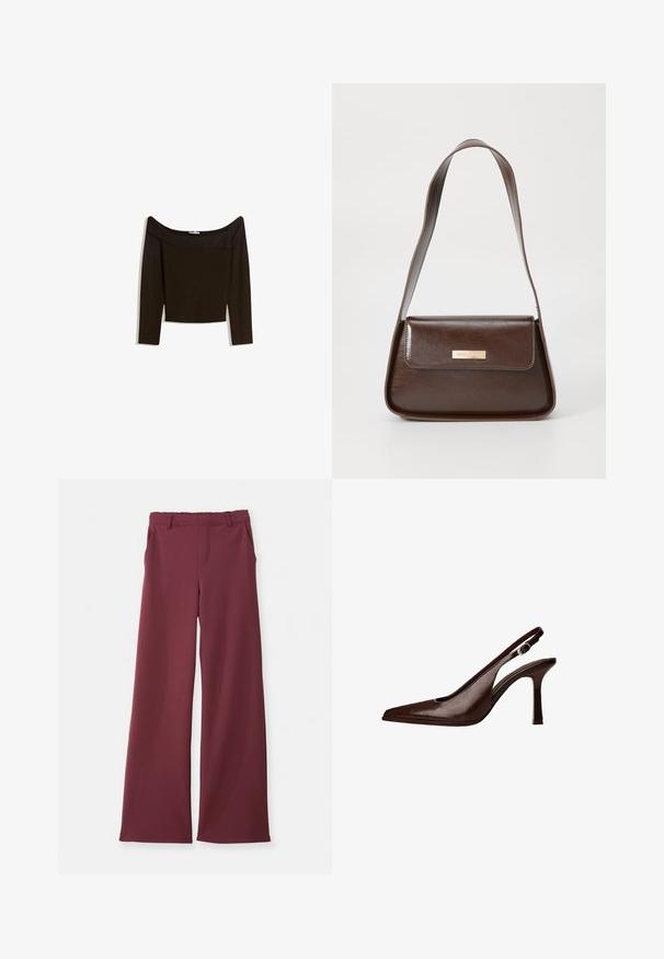 Bluzka typu off-the-shoulder w ciemno-brązowym kolorze, wykonana z dopasowanego dzianiny. Posiada długie rękawy oraz skrócony krój o gładkiej fakturze.; Spodnie o szerokich nogawkach w głębokim burgundzie, z bocznymi kieszeniami, paskami oraz detalem szwu z przodu, ułożone na płasko na białym tle.; Brązowe skórzane sandały typu slingback z ostrym noskiem i cienkim obcasem. Posiadają małą klamrę akcentującą na pasku oraz błyszczące wykończenie.; Brązowa skórzana torba na ramię o wyraźnej formie, z magneticznym zapięciem w klapie i metalowym logo na przodzie.
