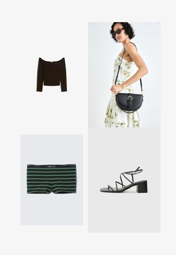 Schulterfreies, dunkelbraunes Oberteil aus einem enganliegenden Strickmaterial. Es hat lange Ärmel und ein kurzes Design mit einer glatten Textur.; Schwarze Schwimmshorts mit horizontalen grünen Streifen. Bietet ein tailliertes Design und einen elastischen Bund. Hergestellt aus einem dehnbaren, glatten Material.; Schwarze Riemchensandalen mit quadratischer Spitze und einem breiten Absatz, aus glattem Material gefertigt. Sie verfügen über verstellbare Knöchelriemen und minimalen Beschlag.; Schwarze Lederhandtasche mit geschwungener Form, abnehmbarem Tragegurt und goldenen Beschlägen. Die Tasche verfügt über einen Deckel mit einer Schnallen-Details.