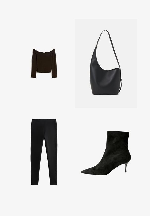 Váll nélküli, sötétbarna felső, mely testhez simuló kötött anyagból készült. Hosszú ujjú és croptop dizájnnal rendelkezik, sima textúrájú.; Fekete leggings rugalmas anyagból, testhezálló kialakítással, látható varrások vagy zsebek nélkül, különféle tevékenységekhez alkalmas.; Fekete velúr bokacsizma hegyes orral és vékony, magas stiletto sarokkal. Simább textúra, elegáns, minimalistának mondható dizájn.; Fekete bőr hobo táska sima textúrával, ívelt formával és egyetlen állítható pánttal; széles nyílás található a tetején.