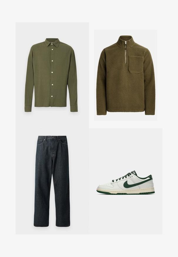 Polarowy sweter w oliwkowym kolorze, z kołnierzem na pół zamek i kieszenią na lewej piersi. Teksturowany, miękki materiał o luźnym kroju.; Olejkowa oliwkowa koszula na guziki z długim rękawem, zaostrzonym kołnierzem i subtelnym wzorem teksturowanego materiału, prezentowana na jednolitym tle.; Ciemnoniebieskie dżinsy o prostym kroju, z tradycyjnym pięciopocketowym układem i metalowym zapięciem na guzik w talii.; Białe sneakersy niskie z ciemnozielonym logo Nike, sznurowadłami i akcentami na podeszwie, pokazane z profilu na jednolitym białym tle.